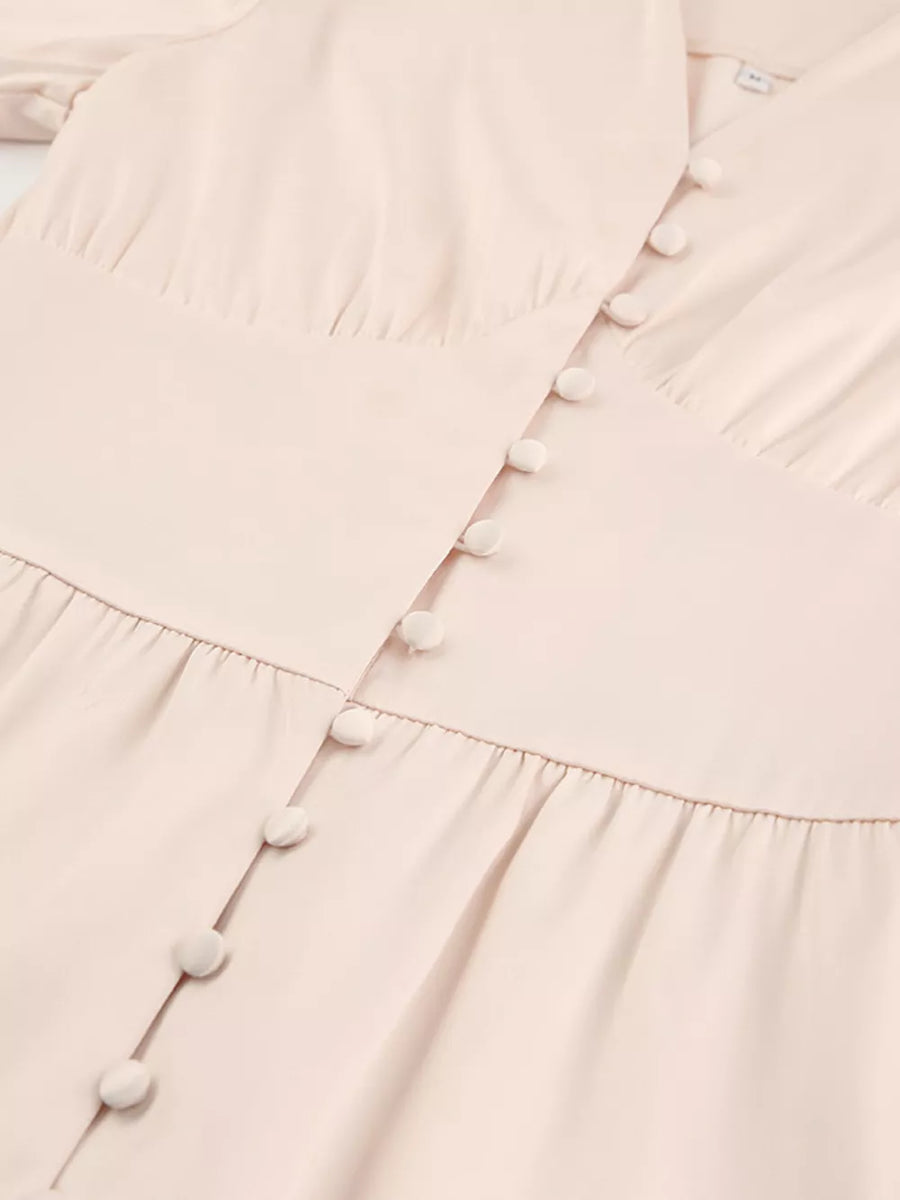 Black Elegant V-neck Puff Sleeve Button-down Midi Dress