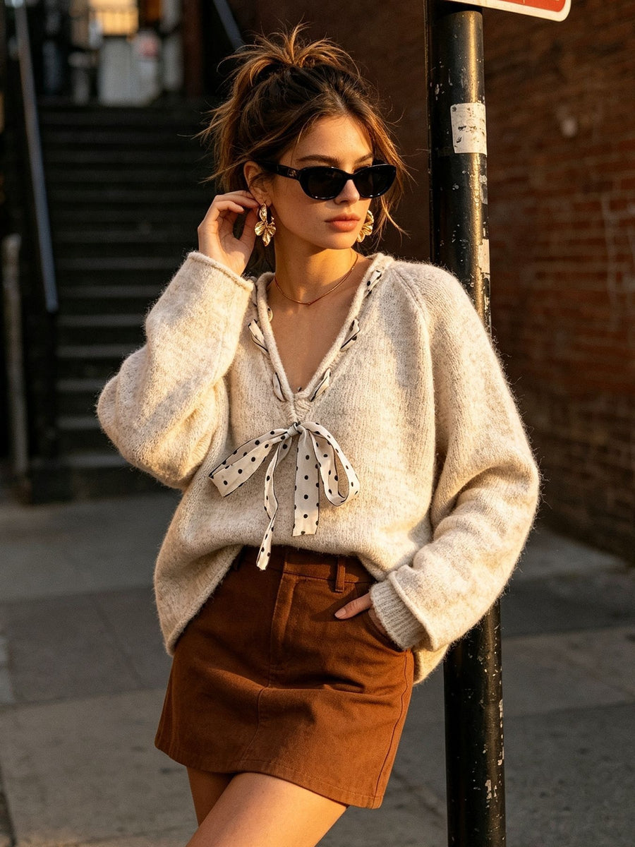 ivory v-neck sweater with polka dot and v-neck