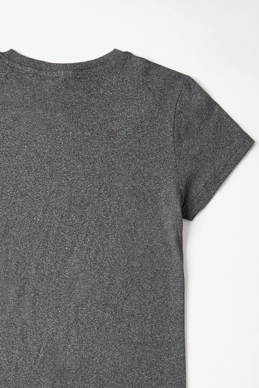 Dark Gray crewneck t-shirt with short sleeves and a speckled texture.