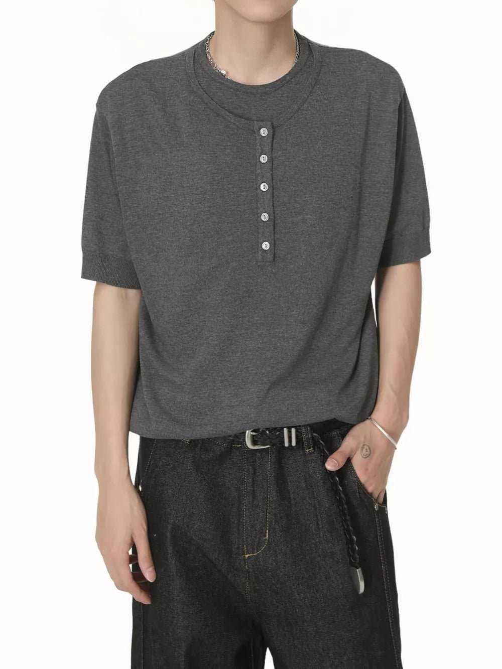 Charcoal short sleeve henley t-shirt with button placket
