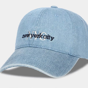 Light blue denim baseball cap with embroidered NYC text and distressed brim.