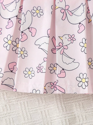 Baby pink pleated skirt with duck and flower print