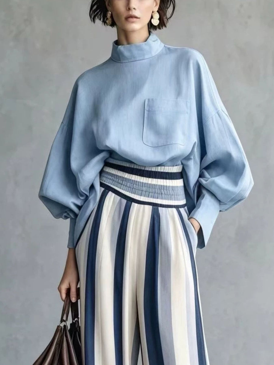 blouse and wide-leg pants set in Caramel with striped and pocketed
