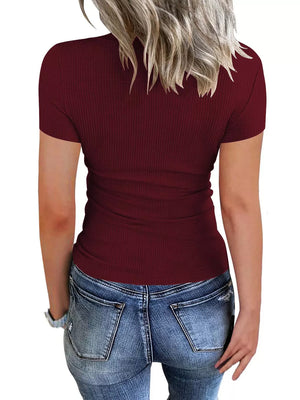 Ribbed Knit T-shirt With Button Detail in Dark Red