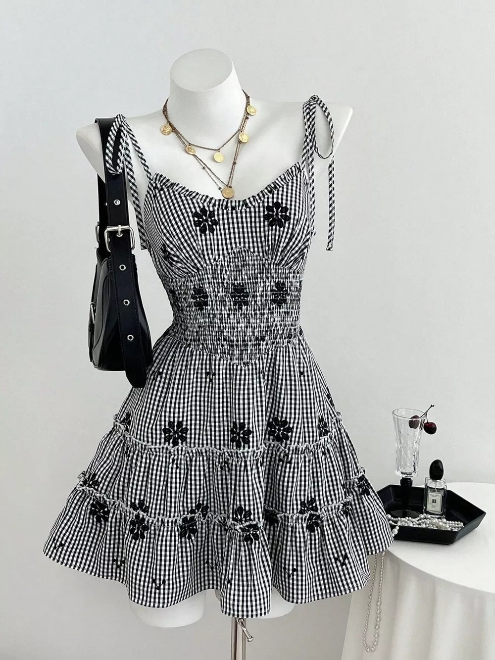 Black Gingham Floral Tiered Mini Dress