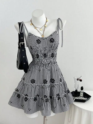 Black Gingham Floral Tiered Mini Dress