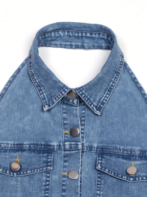 Button-front halter neck denim dress with collar and chest pockets.