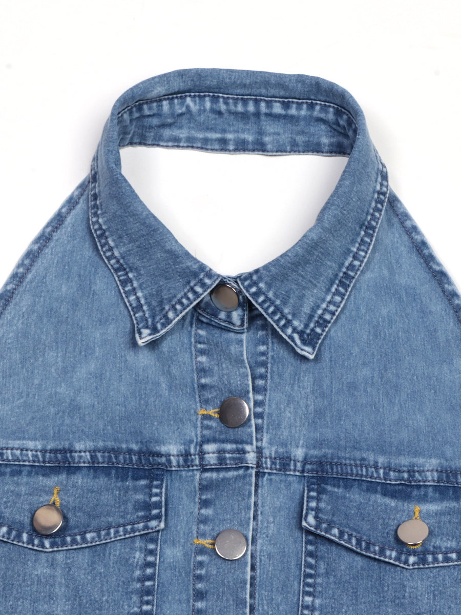 Button-front halter neck denim dress with collar and chest pockets.