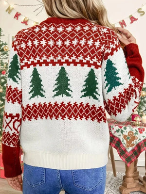 Red and white ribbed Christmas tree sweater with Fair Isle pattern.