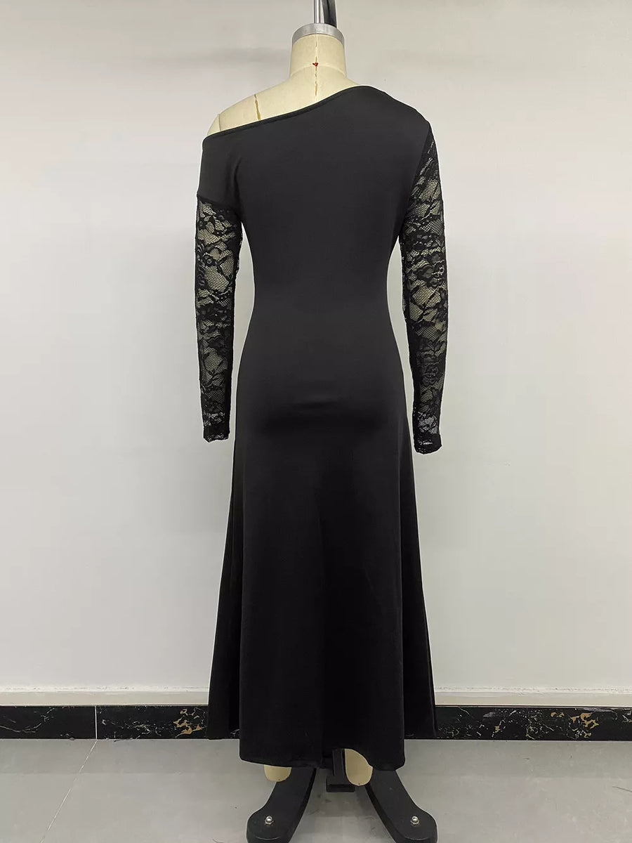 maxi dress in Black with one-shoulder and long sleeve