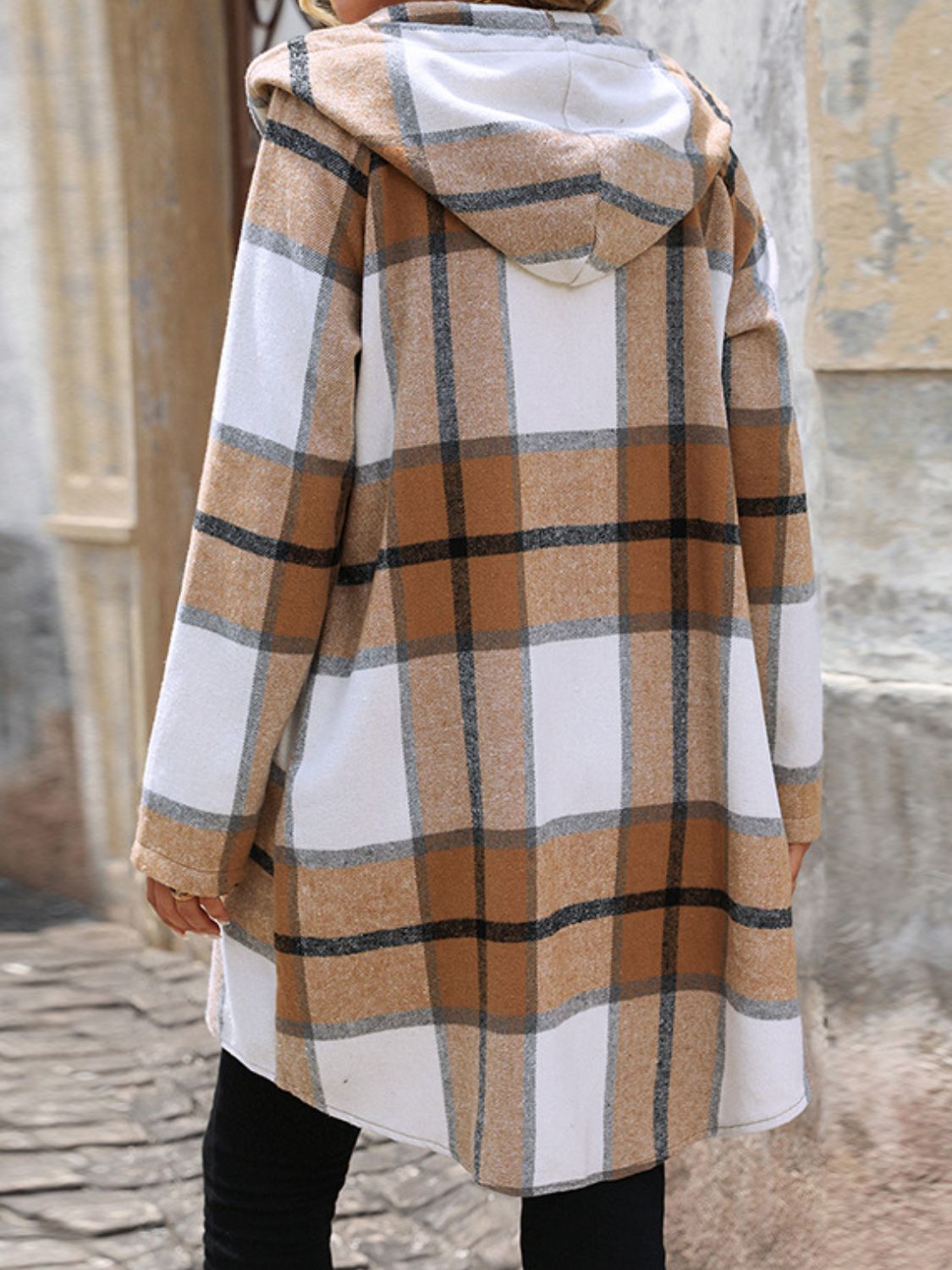 Longline plaid hoodie jacket in camel with a relaxed fit and hood.