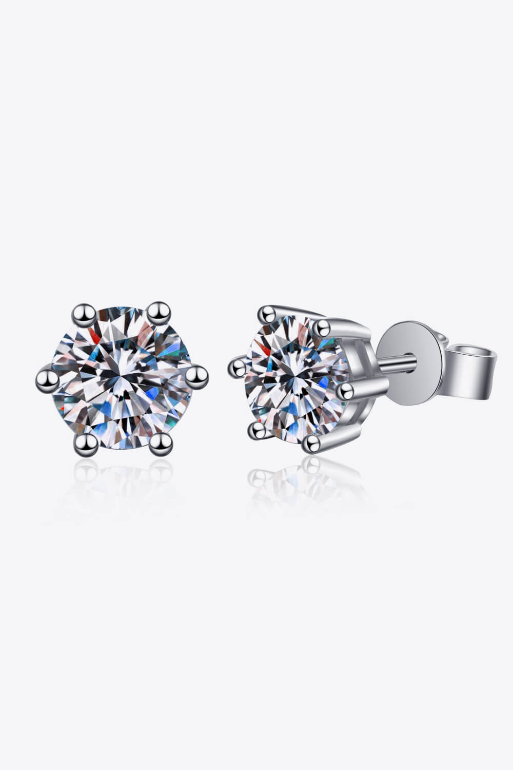 Six-prong moissanite stud earrings in brilliant cut silver with six prongs.