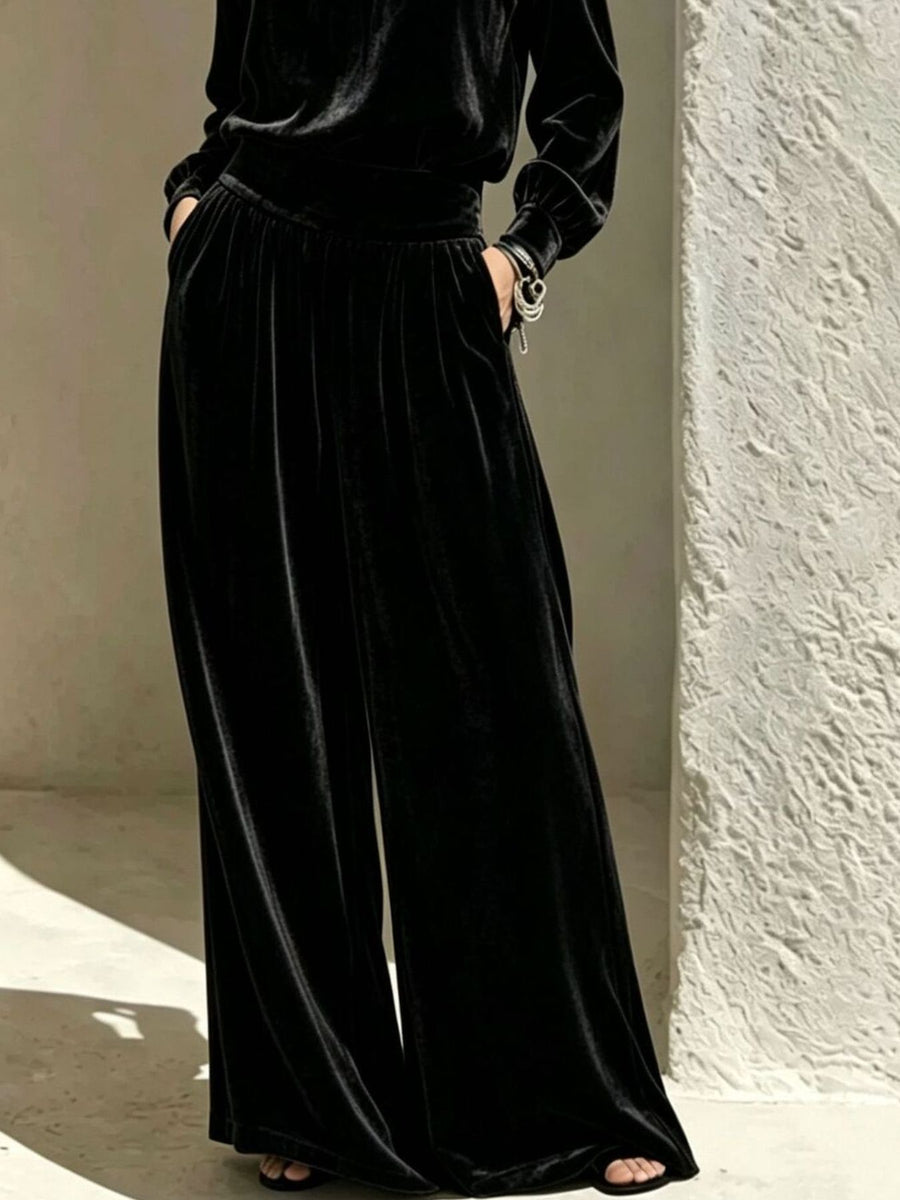 Velvet Mock Neck Long Sleeve Top & Wide-Leg Pants Set in Black with pocketed