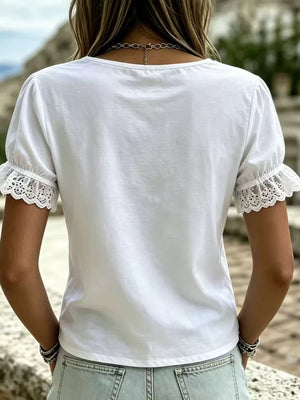 White with Plus Size Daisy Lace Puff Sleeve T-shirt in White