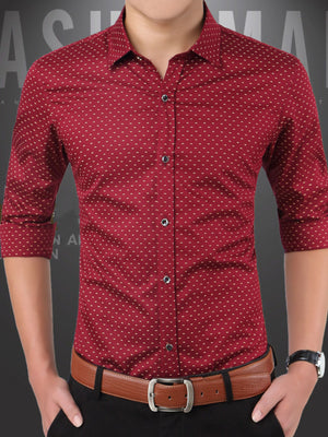 Men's red slim fit button-down shirt with a subtle white dot pattern.