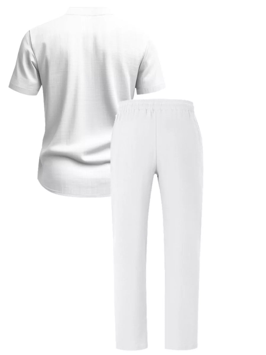 Men's Casual Button-up Short Sleeve Shirt And Pants Set in Gray/white
