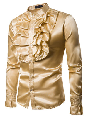 Men's satin ruffle front shirt in gold with button-down closure and ruffled cuffs.