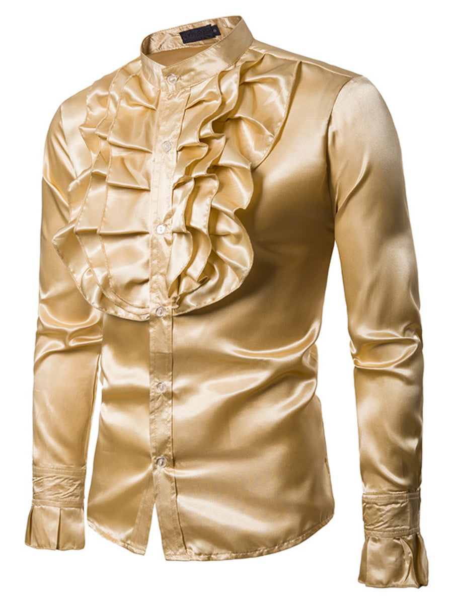 Men's satin ruffle front shirt in gold with button-down closure and ruffled cuffs.