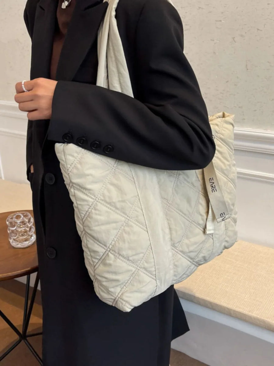 Diamond quilt nylon tote bag in Khaki with logo strap detail