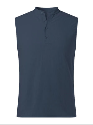 Peacock Blue sleeveless shirt with mandarin collar and buttoned placket