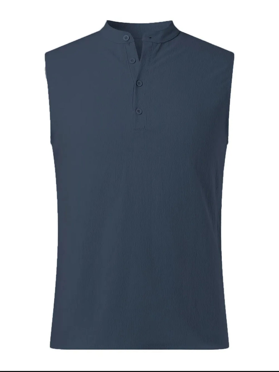 Peacock Blue sleeveless shirt with mandarin collar and buttoned placket