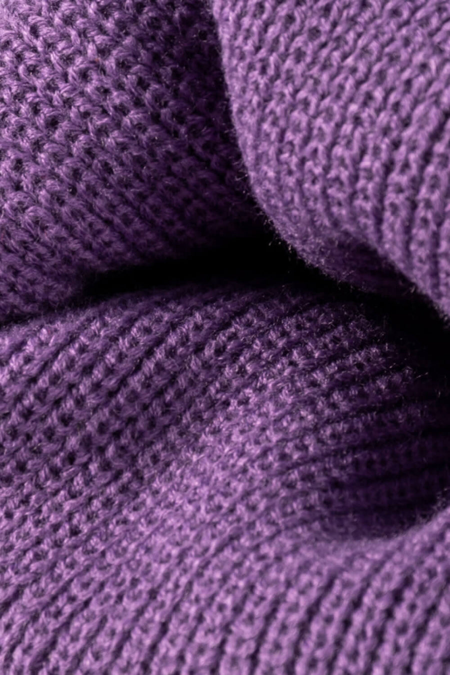 Purple ribbed knit beanie with folded edge detail