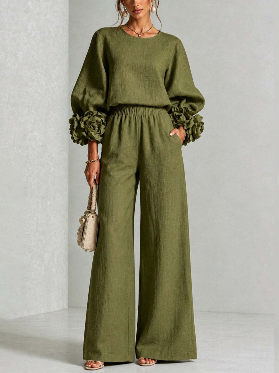 Floral Cuffs Top And Wide Leg Pants Set Plus Size in Dark Navy with pocketed