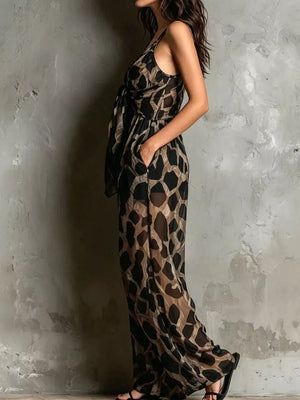 tan jumpsuit featuring pocketed and geometric