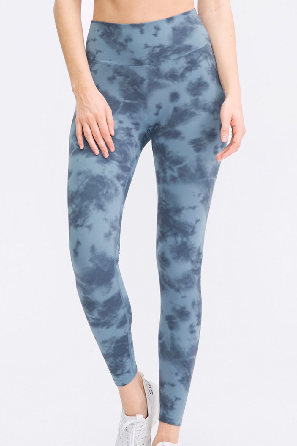 Cloud-Wash High-Waist Performance Leggings in Dusty Blue with tie-dye pattern.
