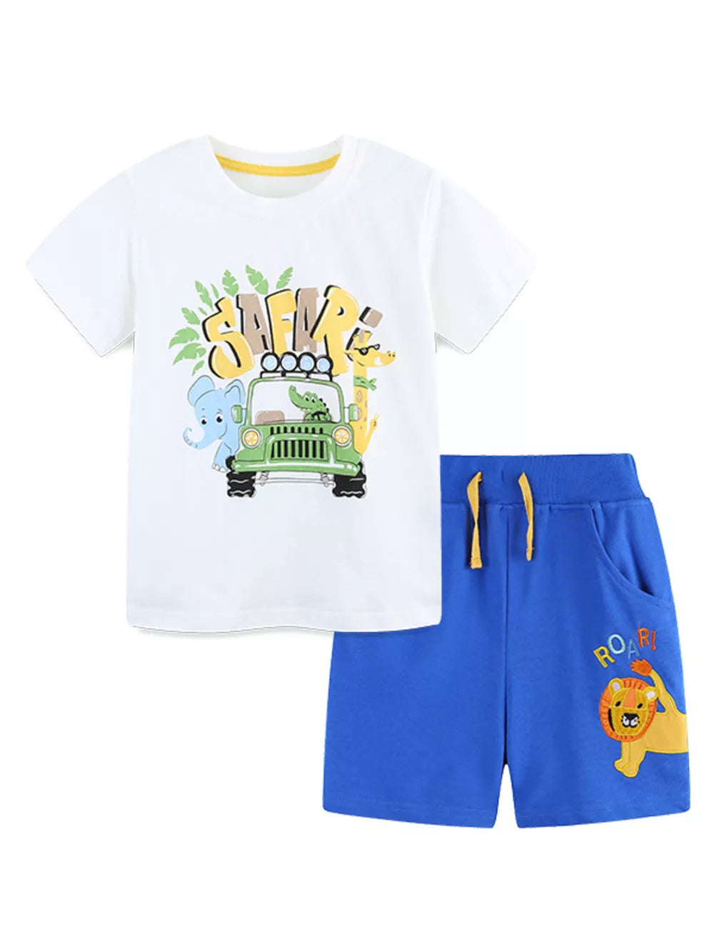 Kids white safari graphic tee and blue drawstring shorts with lion graphic.