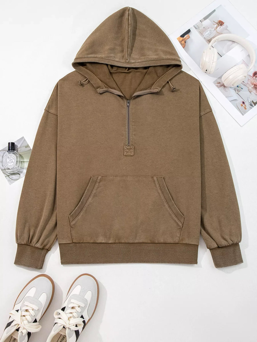 Mineral wash coffee brown baggy half zip hoodie with front pocket and drawstring hood.