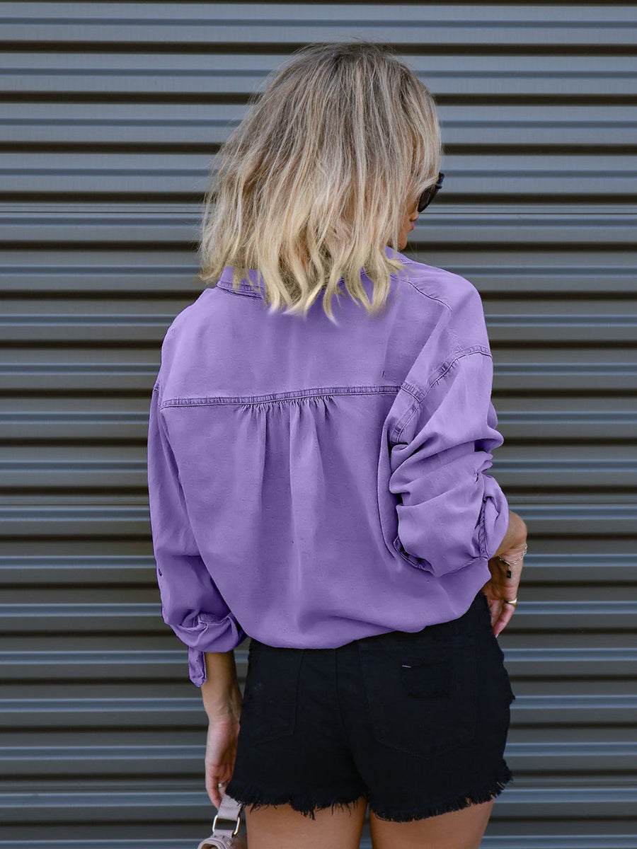Lavender cotton cropped utility shirt with drawstring waist detail