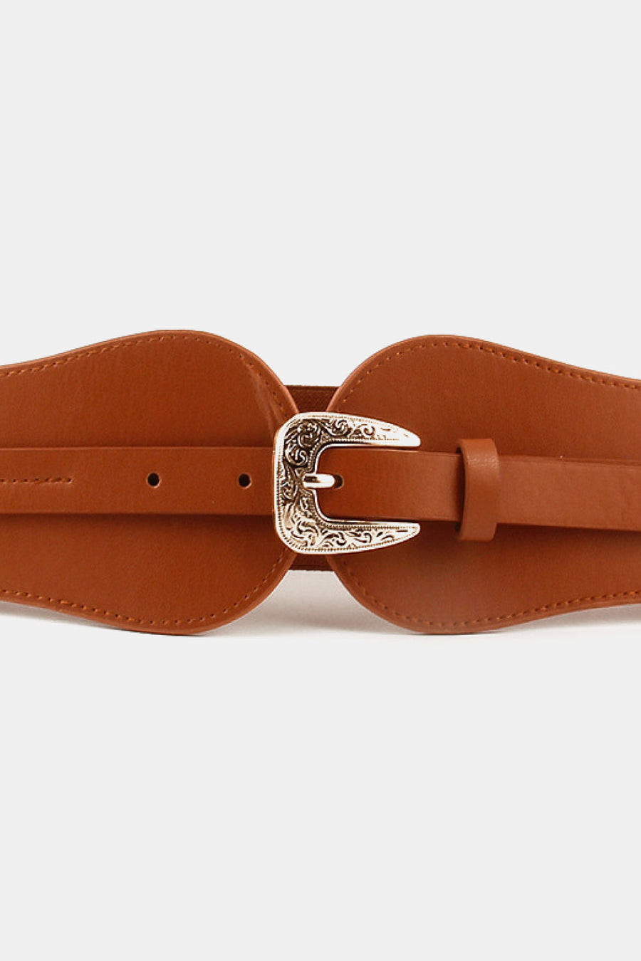 Caramel leather belt with sculpted waistband and ornate silver Western buckle.