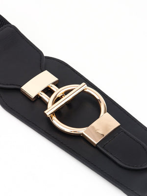 Black leather belt with sculpted gold hardware buckle detail