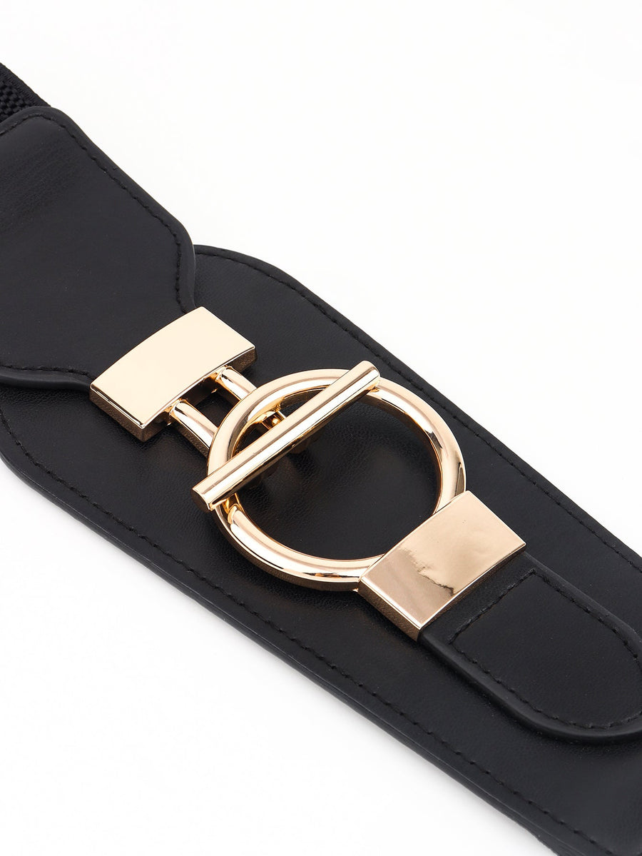 Black leather belt with sculpted gold hardware buckle detail