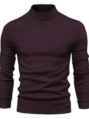 Ribbed mock neck sweater in plum purple with sculpted shoulders and long sleeves.