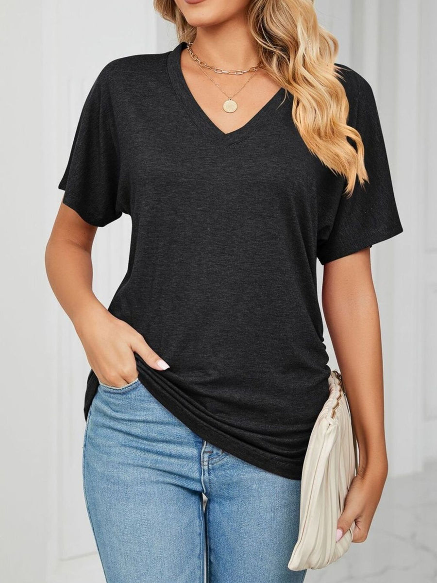 Relaxed V-neck short sleeve t-shirt in dark grey with a draped fit.
