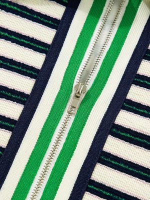 Zippered contrast collar striped knit top in navy with white, green, and navy stripes.