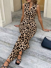 Chic sleeveless leopard print romper with V-neck and wide legs.