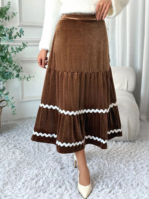 Brown velvet tiered midi skirt with white ric rac trim
