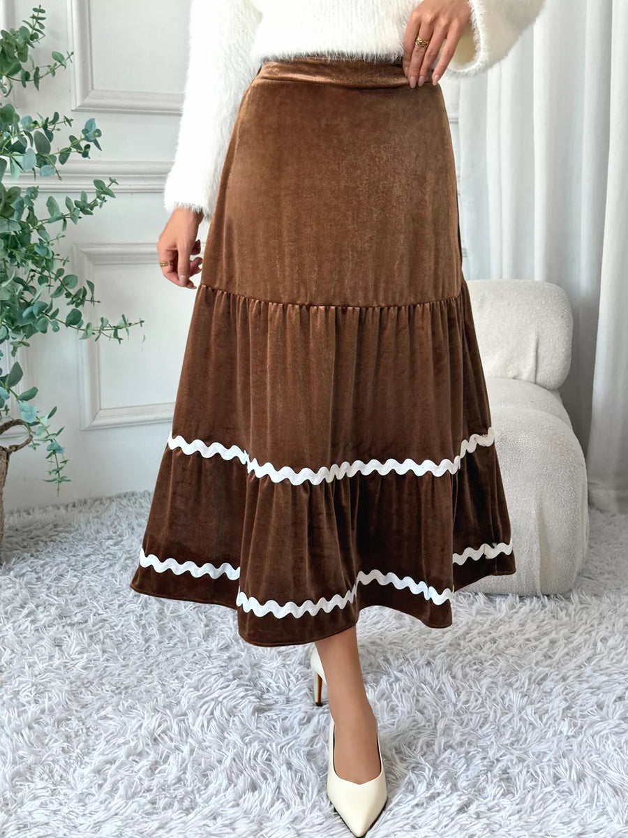 Brown velvet tiered midi skirt with white ric rac trim