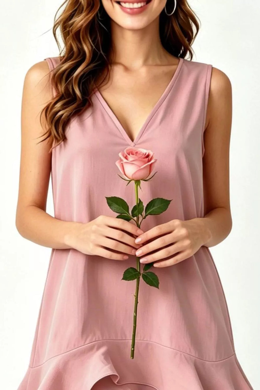Dusty Pink tiered ruffle hem mini dress with V-neck, sleeveless, cotton.