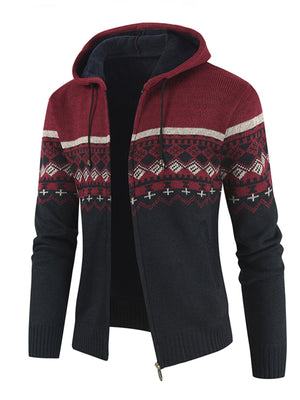 slate gray cardigan featuring hooded and Fair Isle