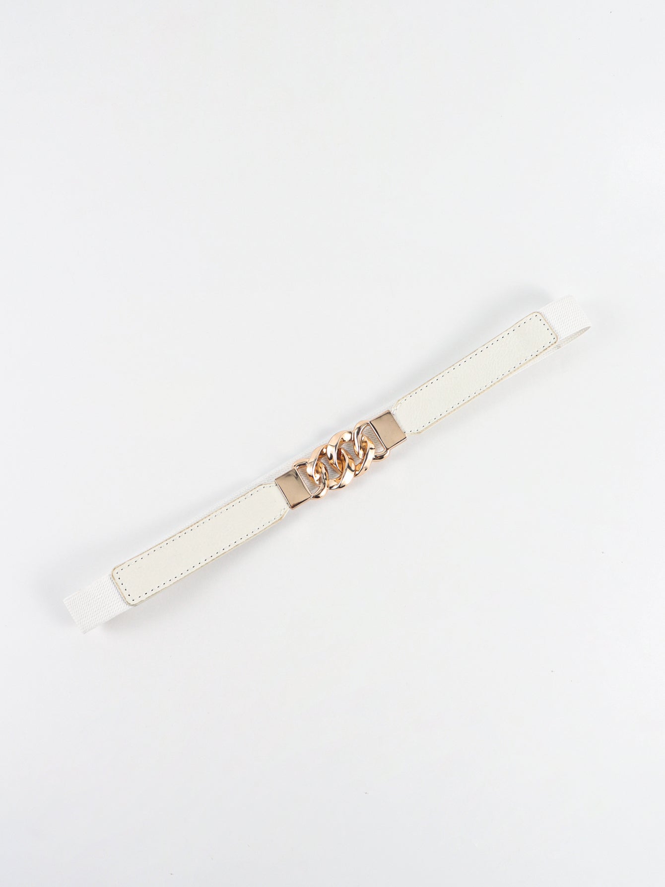 White faux leather elastic belt with gold chain detail