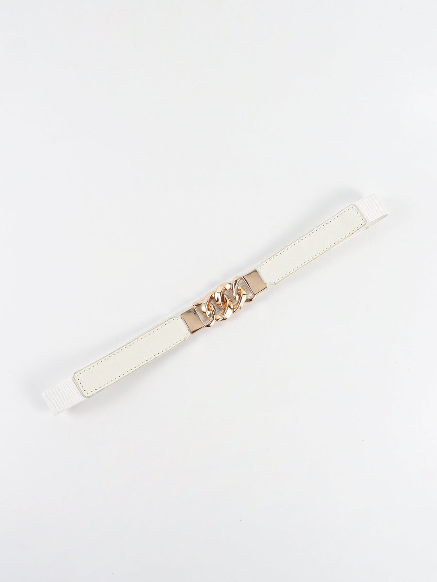 White faux leather elastic belt with gold chain detail