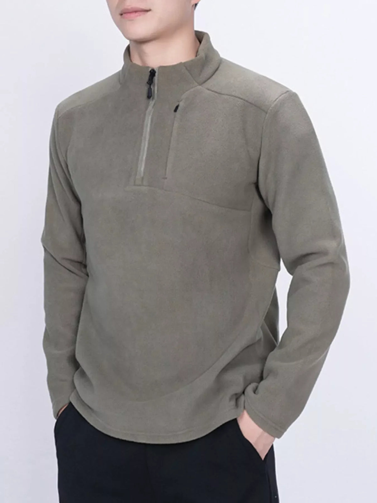 Men's Army Green Quarter-Zip Fleece Sweatshirt with zip pocket