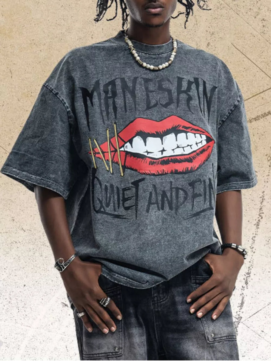 Dark gray cotton blend crew neck t-shirt with edgy lip graphic and text.