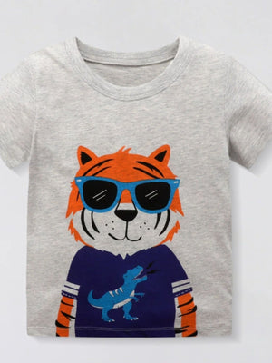 Toddler grey cotton crew neck t-shirt with a tiger wearing sunglasses and a blue dinosaur graphic shirt.