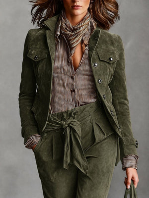 Army Green blazer with hip-length and button-front