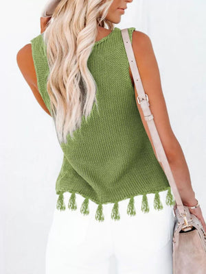 Green knit sleeveless top with tassel hem